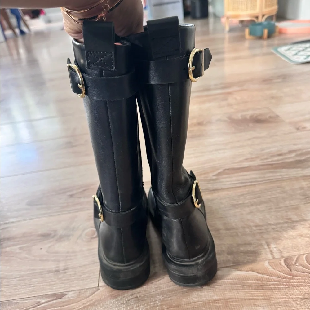 Kids Black Leather Knee-High Boots with Buckles - Picture 6 of 6